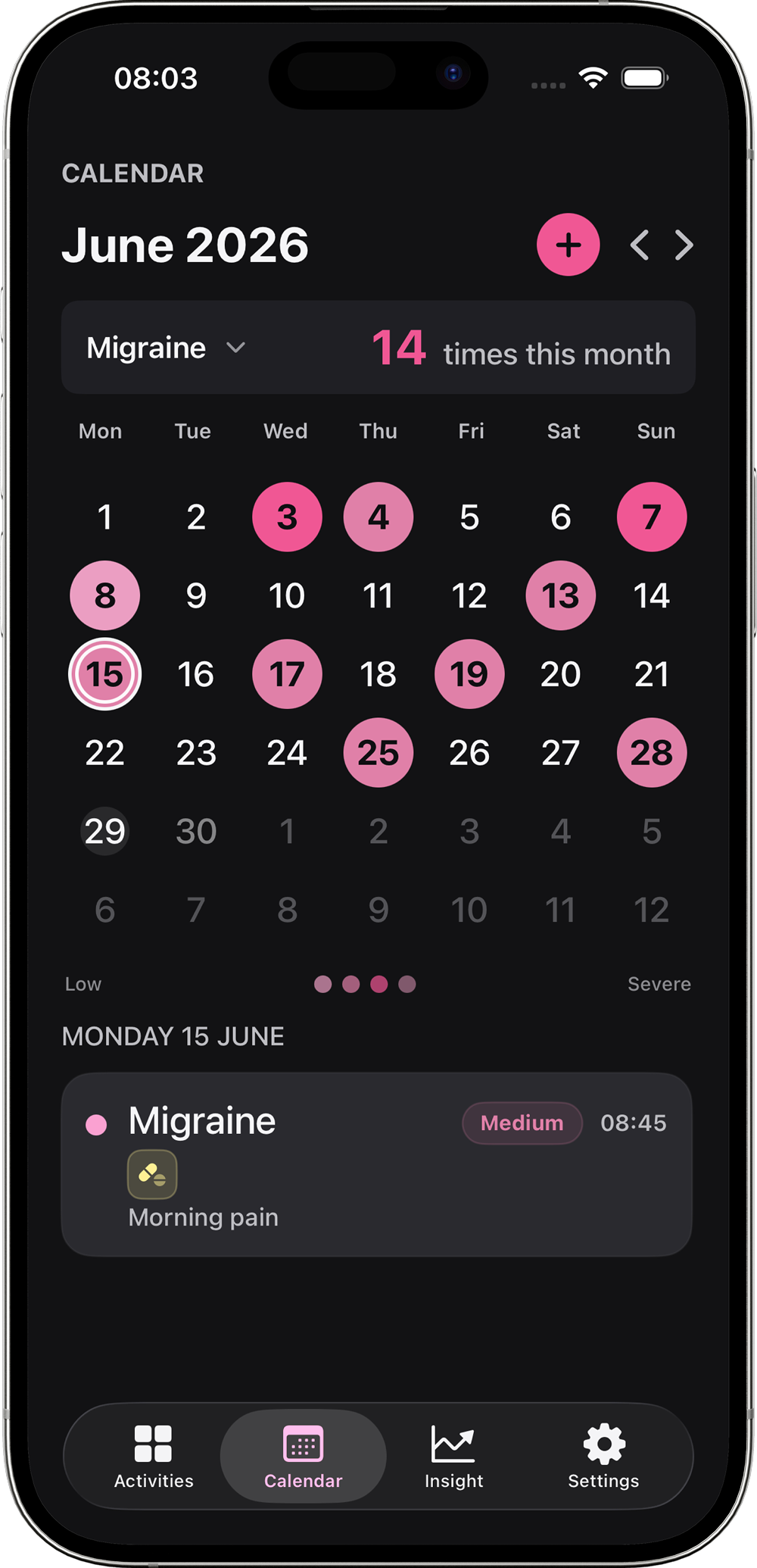 Crise migraine calendar view