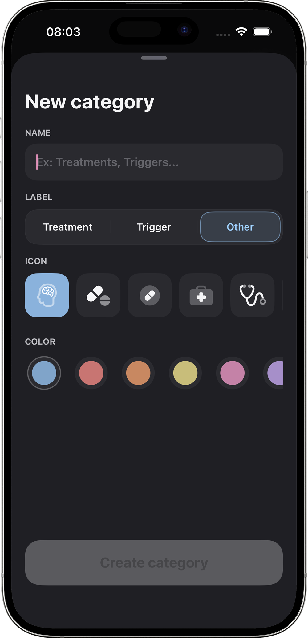 Crise migraine categories screen