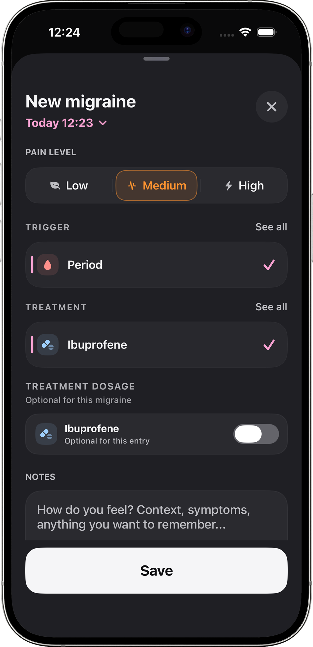 New migraine entry screen