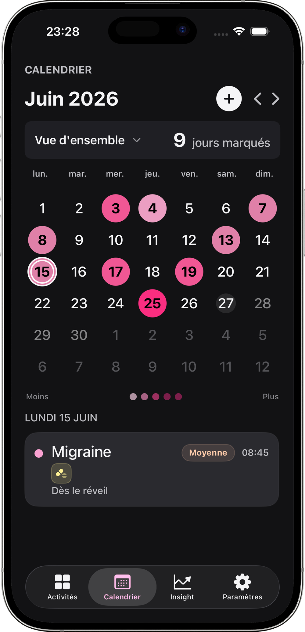 Vue calendrier Crise migraine