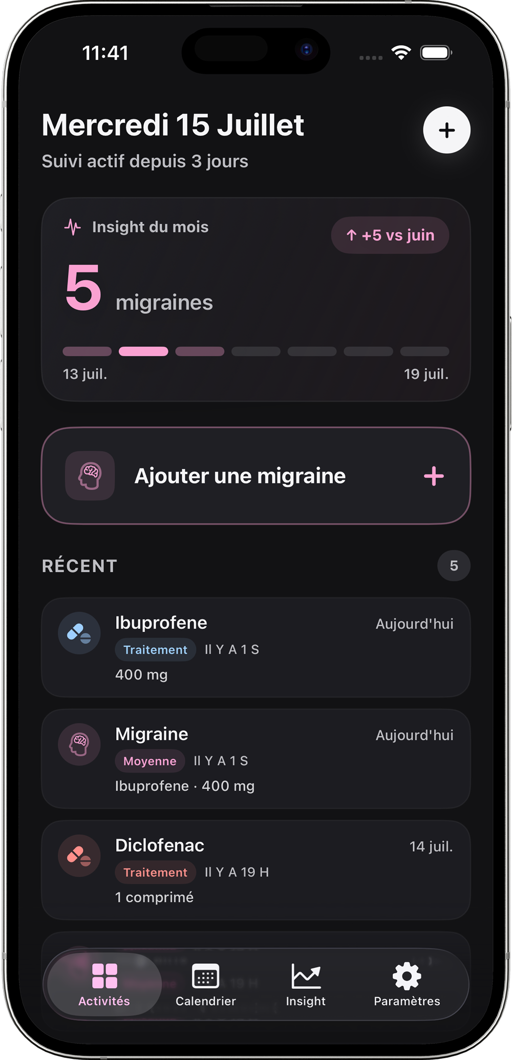 Ecran d'accueil de l'application Crise migraine